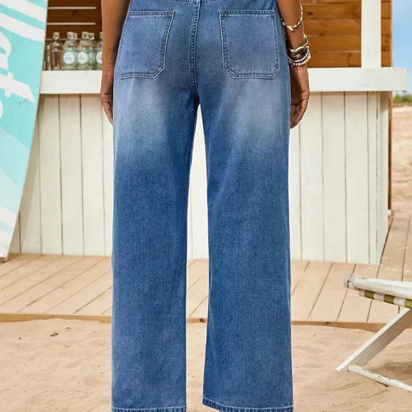 Medium Wash Casual Women's Loose Fitting Straight Leg Blue Denim Jeans - Picture 3 of 6